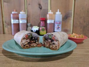 Chicken or Pork Wrap with rice, black beans, onions, peppers & choice of sauce at Hula Boy Charbroil in Vancouver WA
